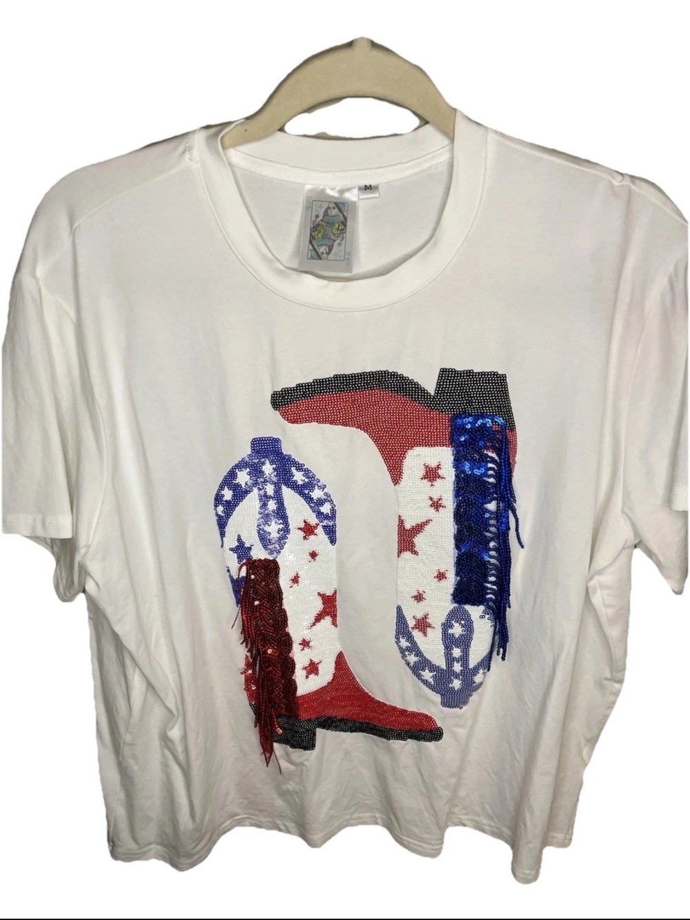 Queen of Sparkles Red White & Blue Sequin Fringe Cowboy Boots Tee M
